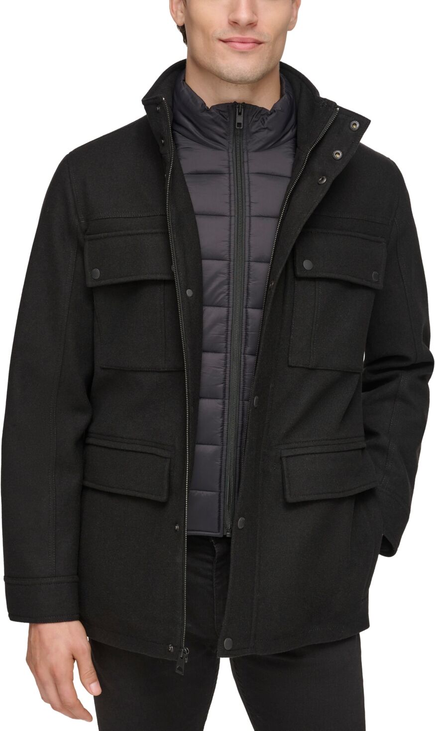 Guess Men's Water-Repellent Jacket with Zip-Out Quilted Puffer Bib - Black