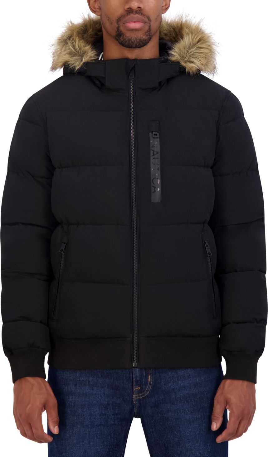 Nautica Men's Zip-Front Bomber Jacket with Faux Fur Hood - Black