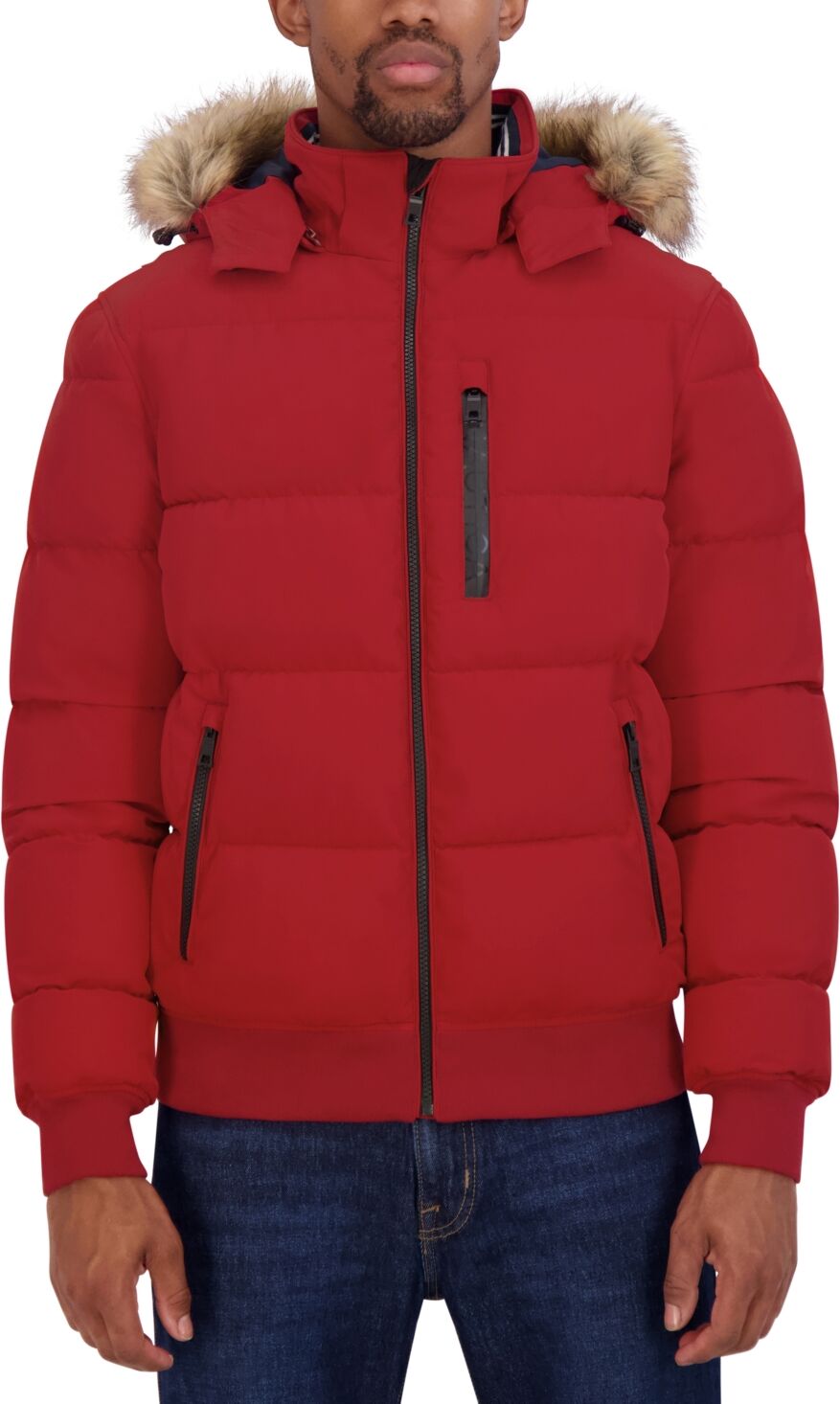 Nautica Men's Zip-Front Bomber Jacket with Faux Fur Hood - Red