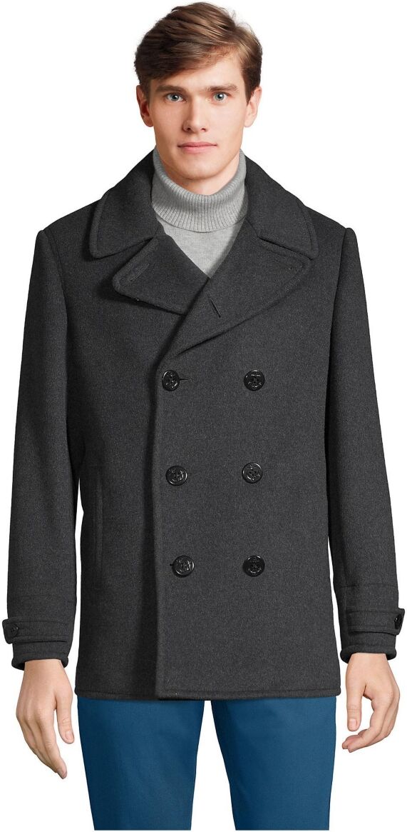 Lands' End Men's Insulated Wool Peacoat Jacket - Dark charcoal heather