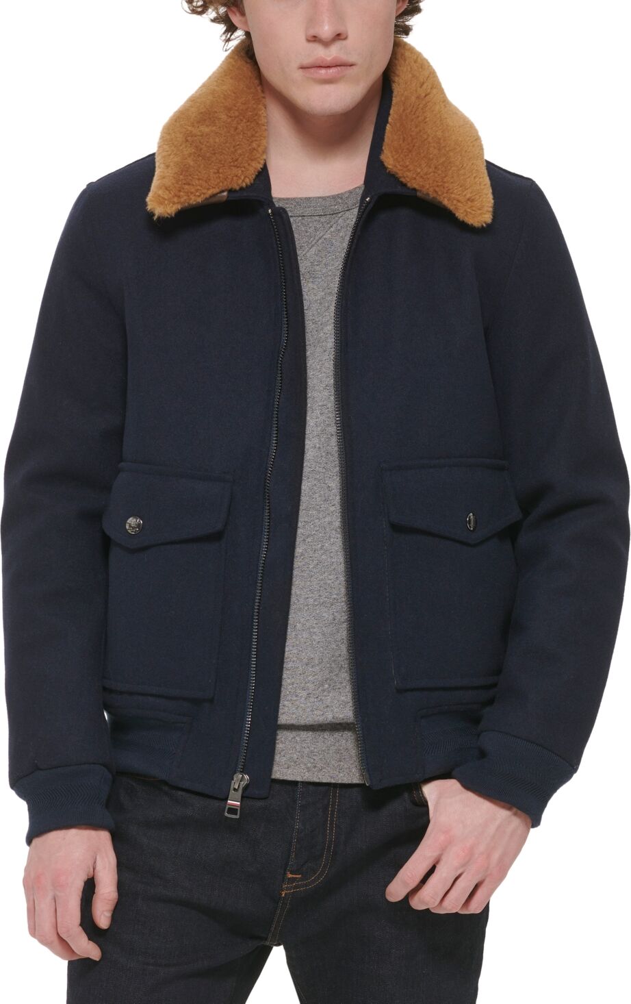 Tommy Hilfiger Men's Faux-Fur-Collar Bomber Jacket - Navy