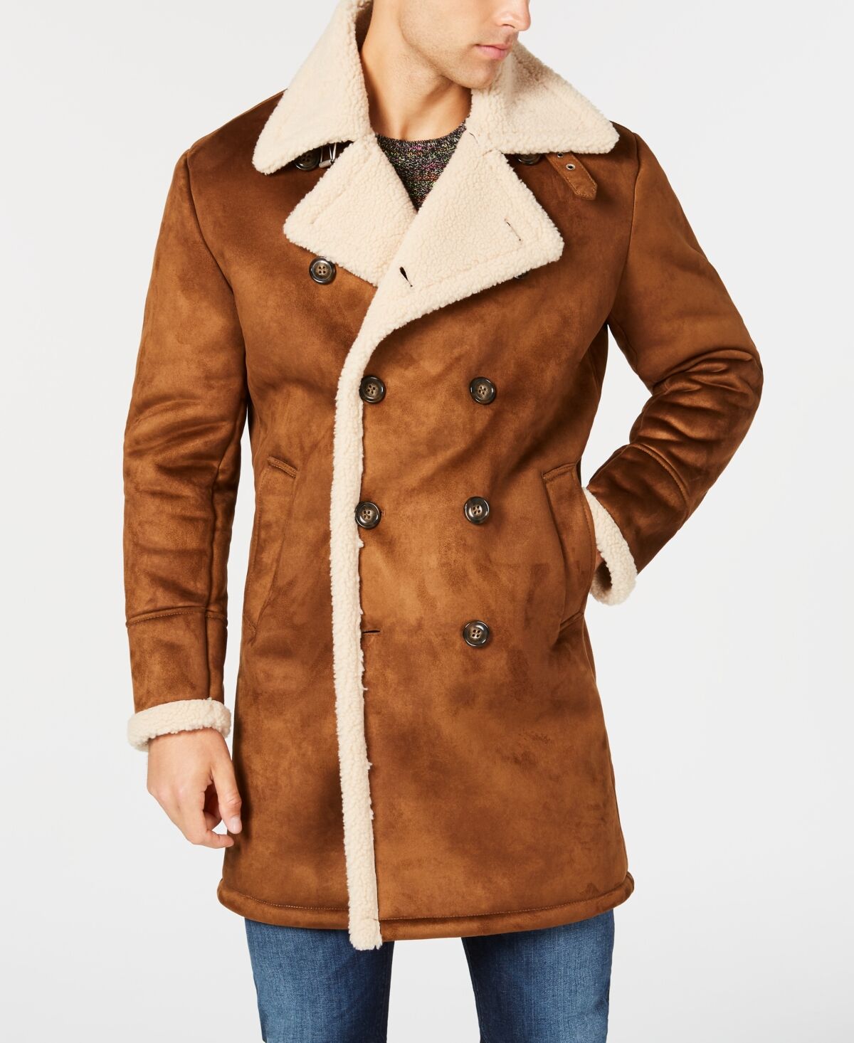 Guess Men's Faux-Shearling Overcoat - Cognac