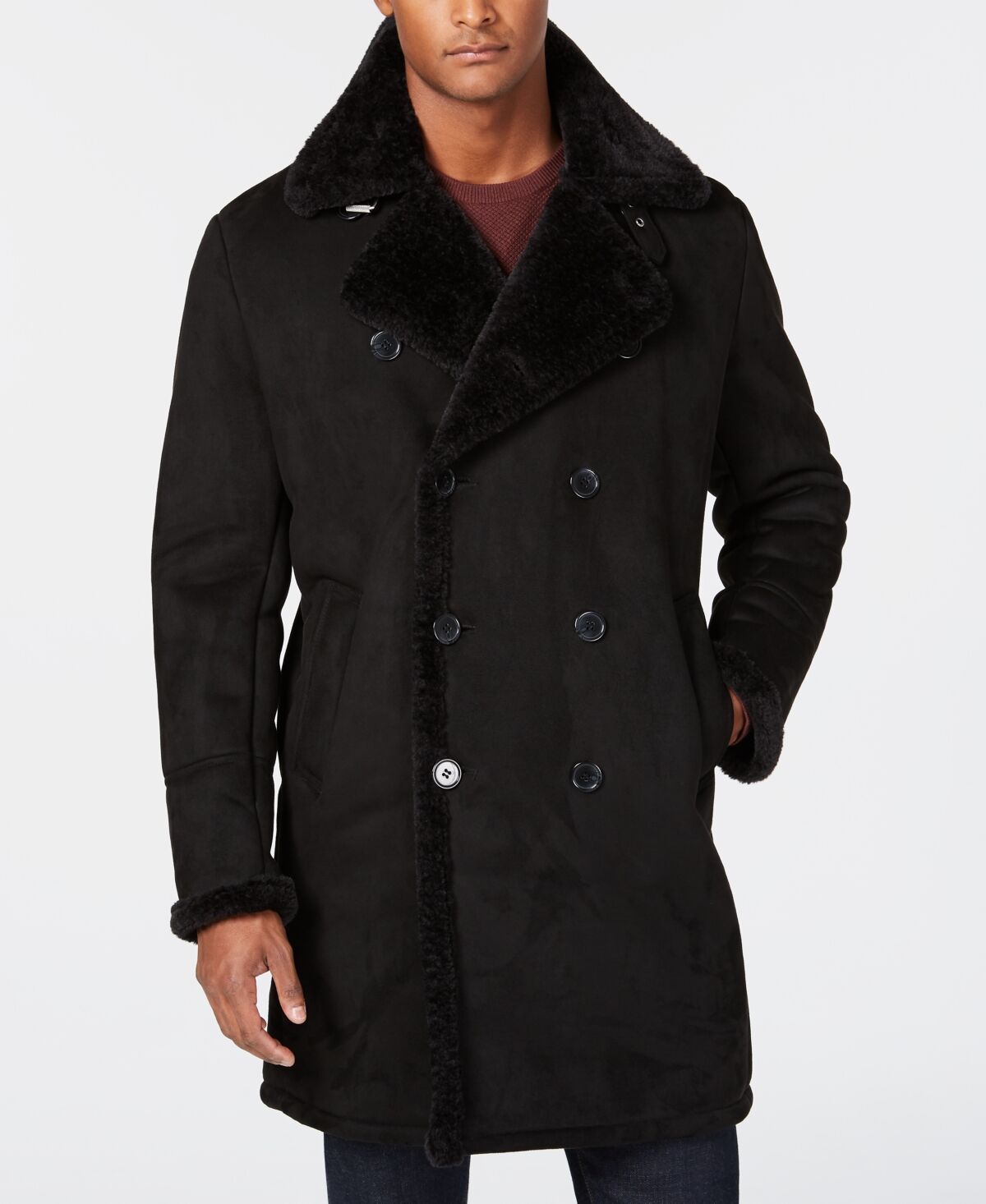 Guess Men's Faux-Shearling Overcoat - Black