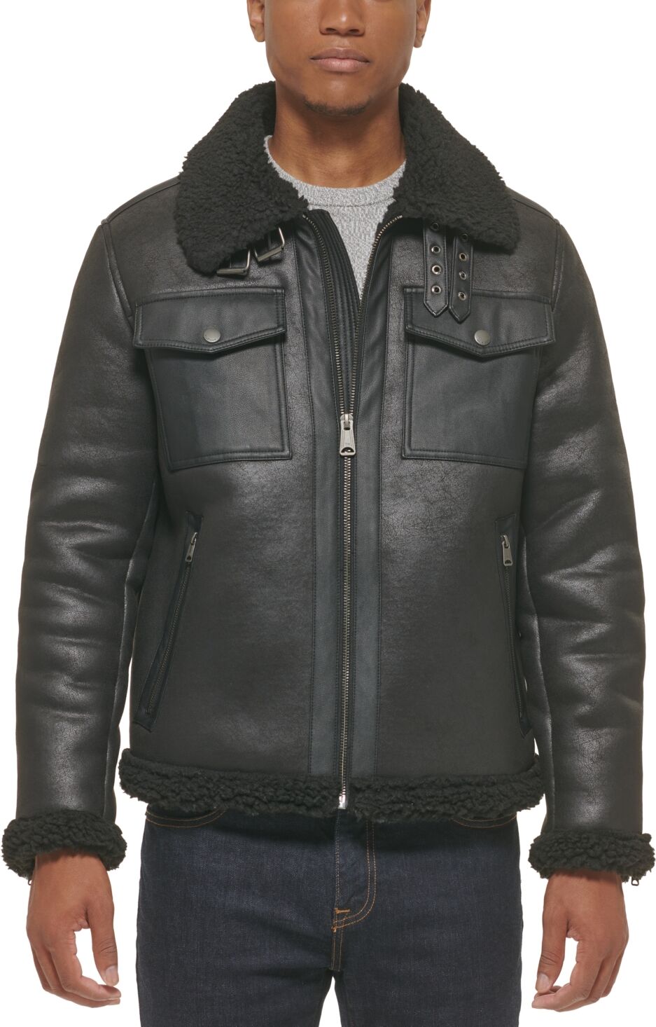 Tommy Hilfiger Men's Faux Leather Shortie Rancher Jacket with Fleece Accents - Black