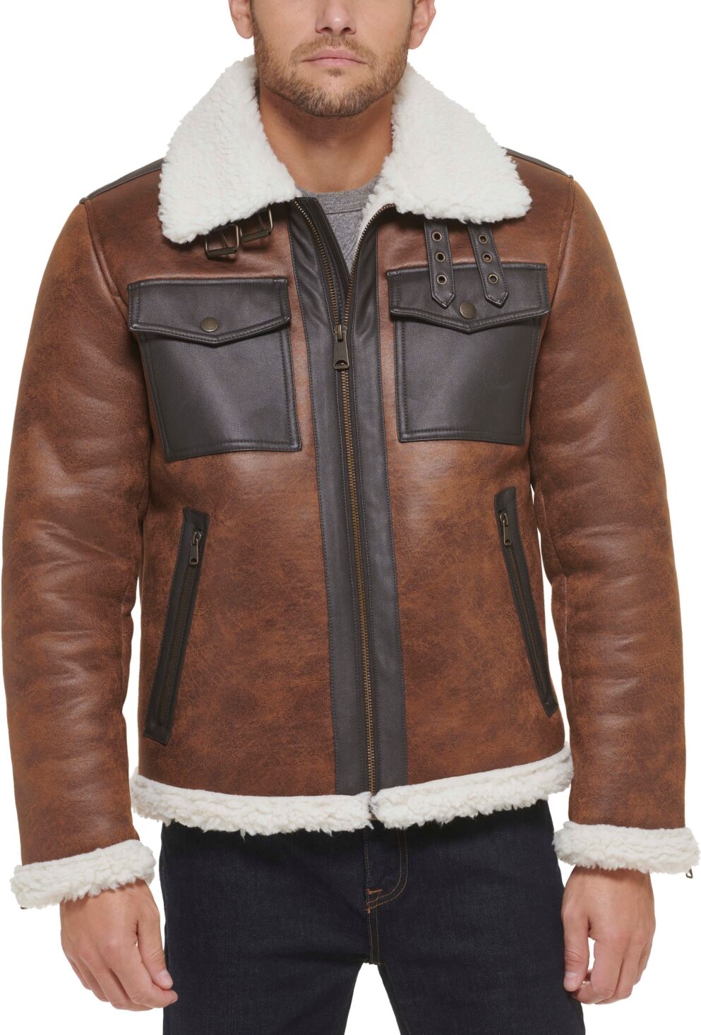 Tommy Hilfiger Men's Faux Leather Shortie Rancher Jacket with Fleece Accents - Brown