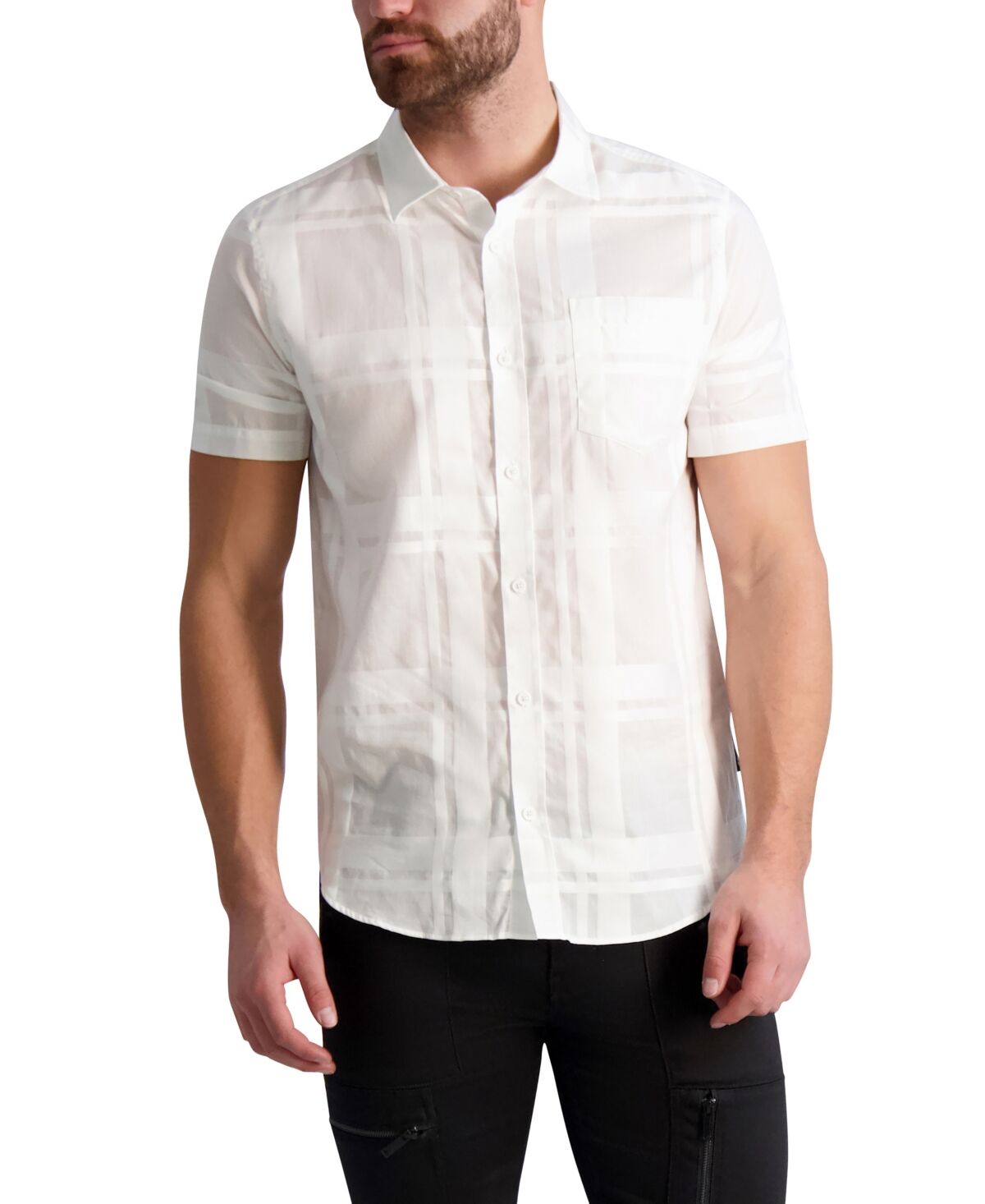 Karl Lagerfeld Paris Men's Plaid Short Sleeve Button Front Camp Collar Shirt - White