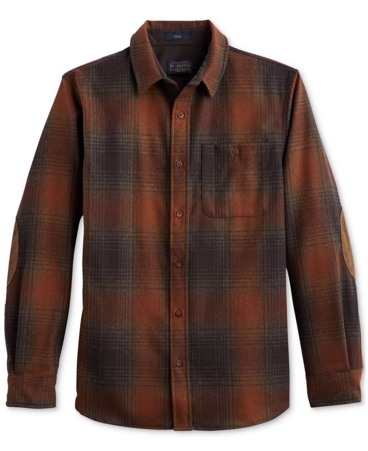 Pendleton Men's Trail Plaid Button-Down Wool Shirt with Faux-Suede Elbow Patches - Brown/green Mix Ombre