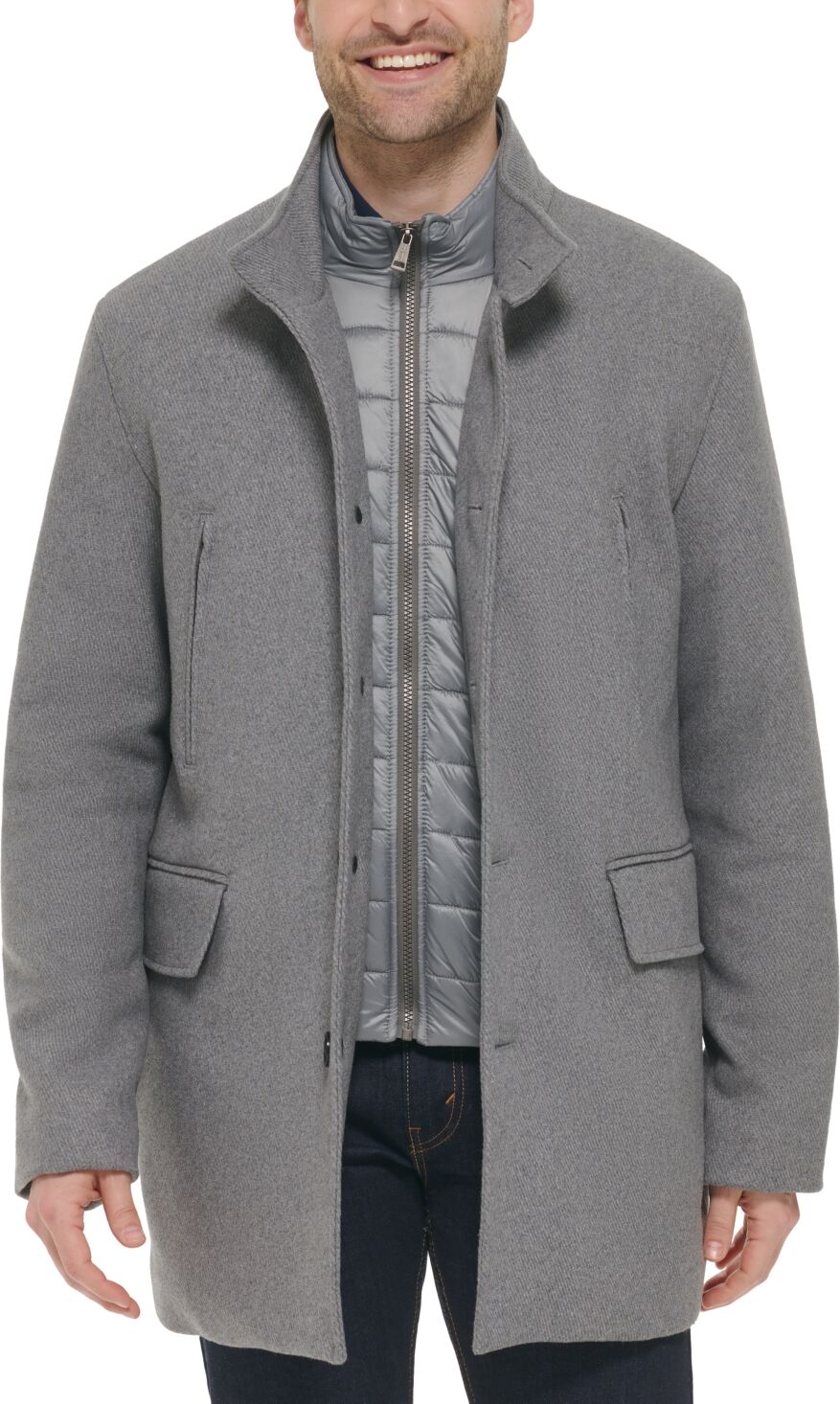 Cole Haan Men's Wool Twill Stand Collar Topper with Nylon Bib Coat - Light Grey