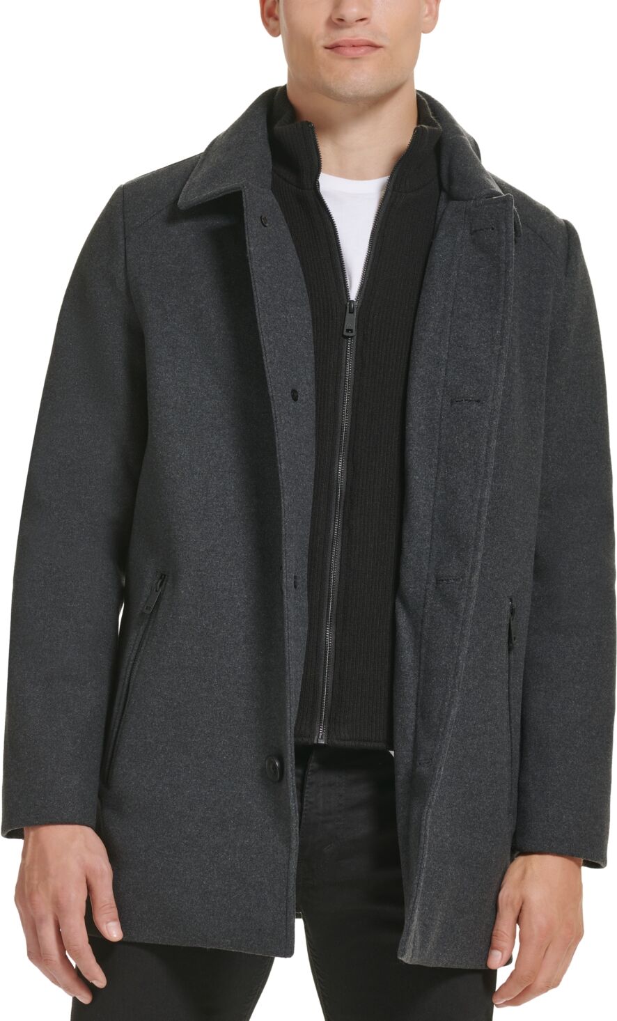 Kenneth Cole Men's Stand-Collar Zip-Bib Button Car Coat - Charcoal