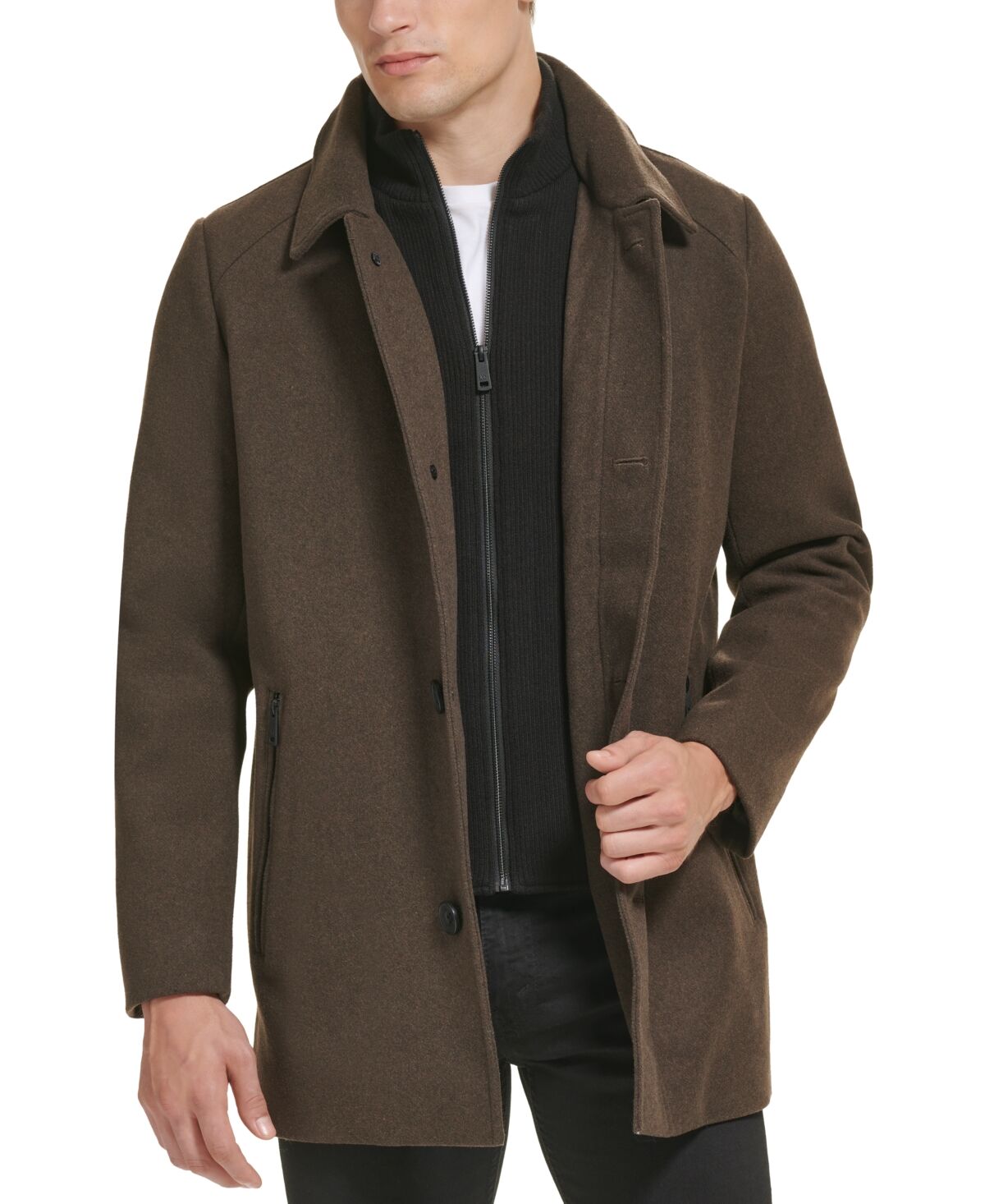 Kenneth Cole Men's Stand-Collar Zip-Bib Button Car Coat - Med Brown