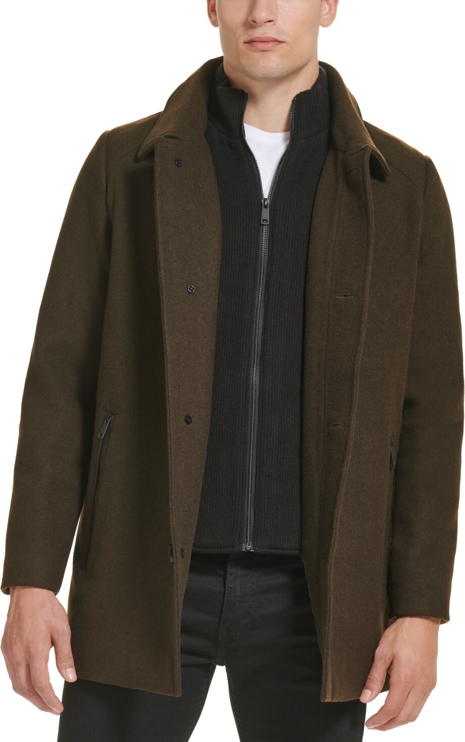 Kenneth Cole Men's Stand-Collar Zip-Bib Button Car Coat - Olive