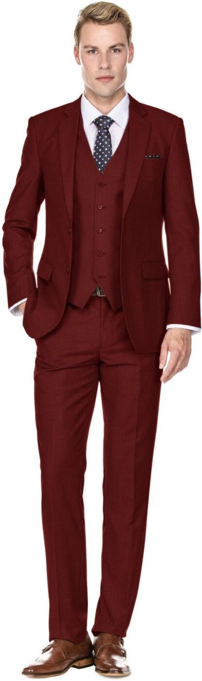 Braveman Brave man Men's 3-Piece Premium Vested 3-Piece Slim Fit Suit - Burgundy