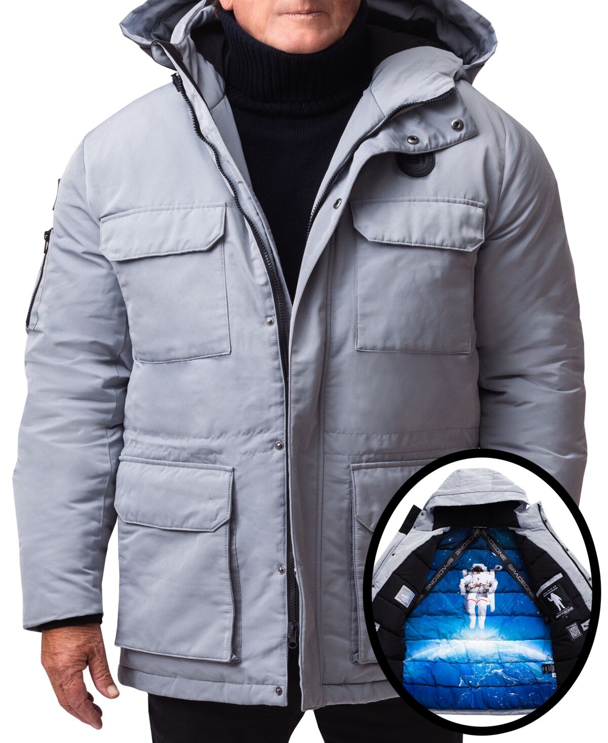 Space One Men's Nasa Inspired Parka Jacket with Printed Astronaut Interior - Gray