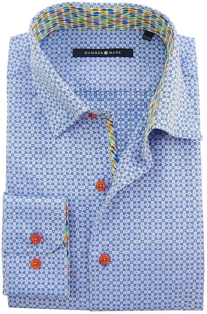 Hammer Made - Men's Cotton Light Blue Geometric Dress Shirt with Hidden Button Down Collar - Light blue