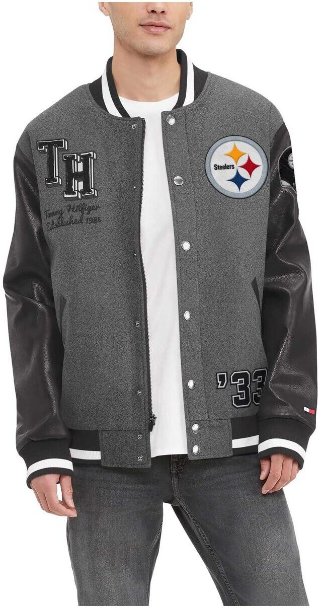 Tommy Hilfiger Men's Tommy Hilfiger Heather Gray, Black Pittsburgh Steelers Gunner Full-Zip Varsity Jacket - Heather Gray, Black