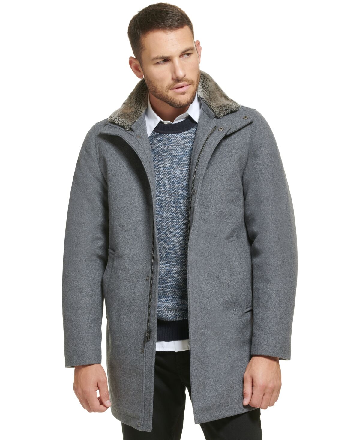 Calvin Klein Men's Urban Walker Coat with Detachable Faux Rabbit Fur at Interior Collar - Charcoal