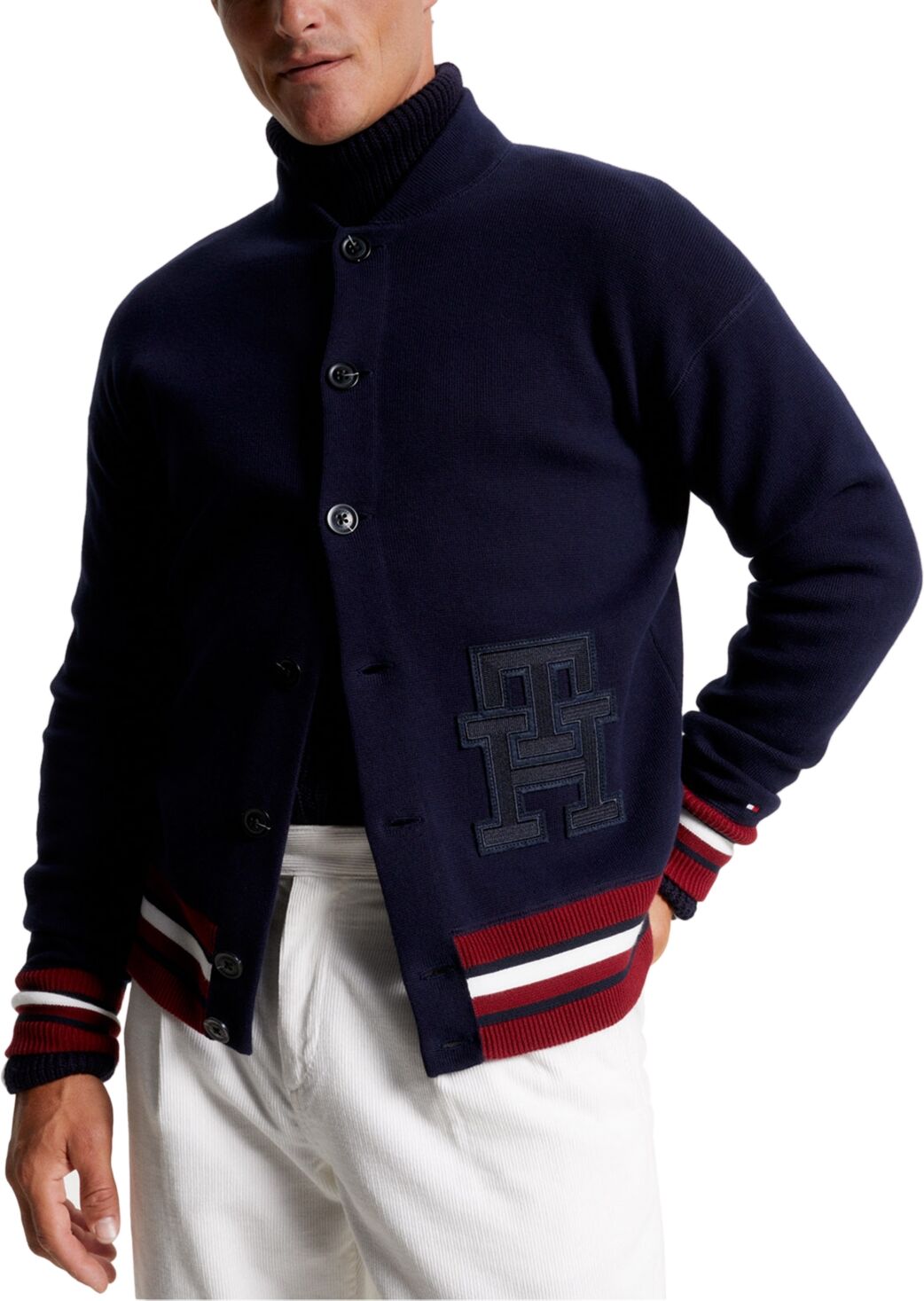 Tommy Hilfiger Men's Monogram Logo Applique Knit Varsity Bomber Jacket - Desert Sky