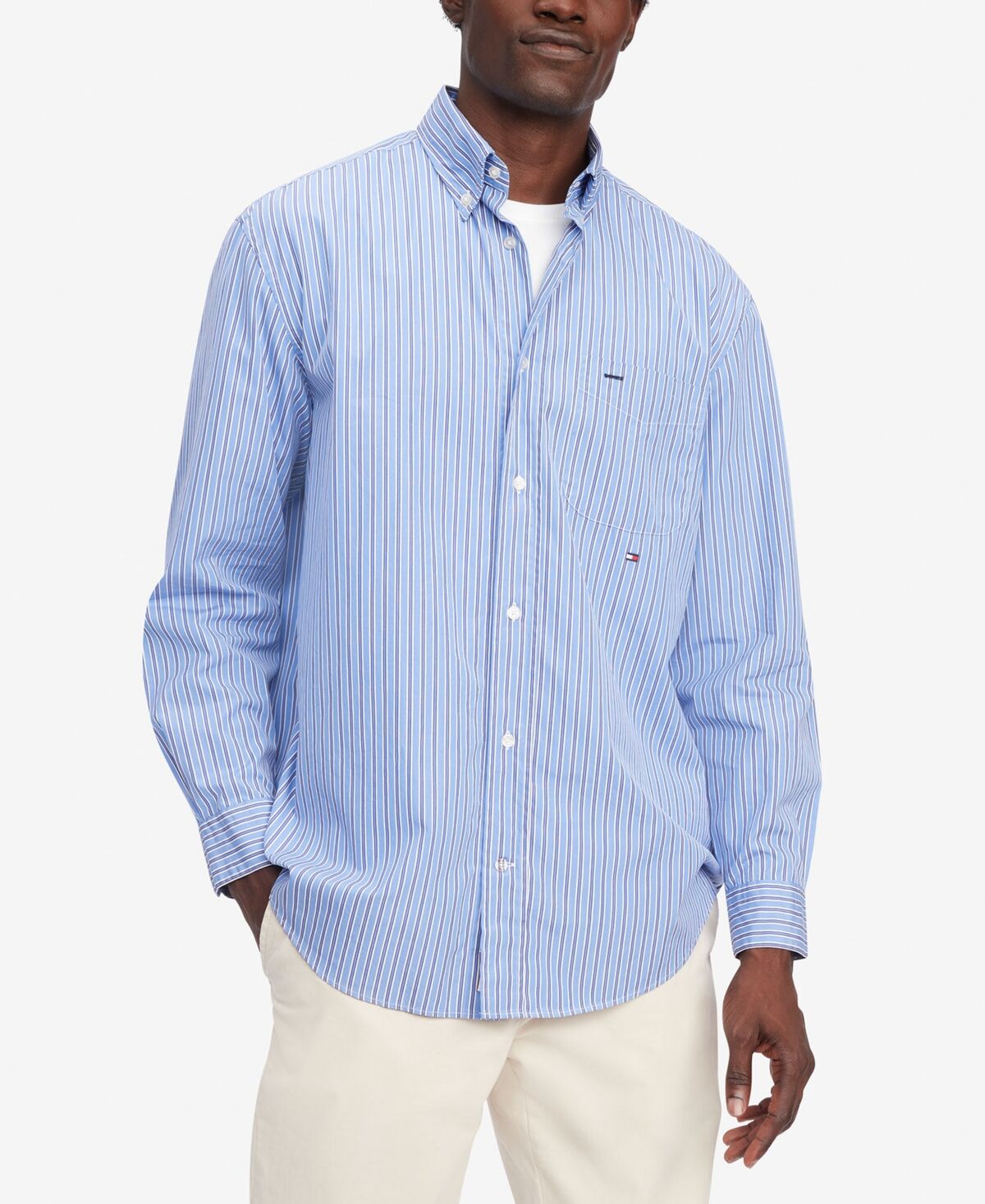 Tommy Hilfiger Men's Classic Fit Long-Sleeve Button-Down Striped Poplin Shirt - Blue / Multi