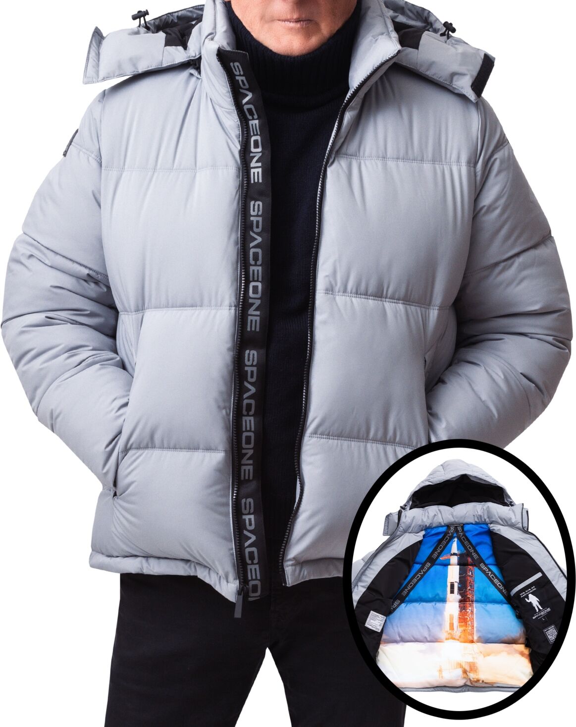 Space One Men's Nasa Inspired Hooded Puffer Jacket with Printed Astronaut Interior - Gray