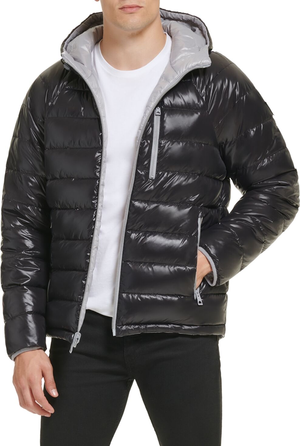 Guess Men's Reversible Quilted Full-Zip Hooded Puffer Jacket - Black/Silver