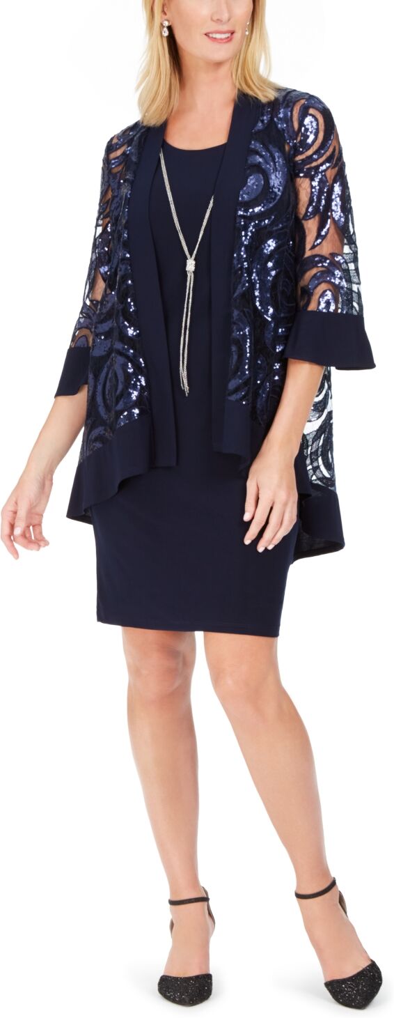 R & M Richards 2-Pc. Printed Jacket & Necklace Dress - Navy