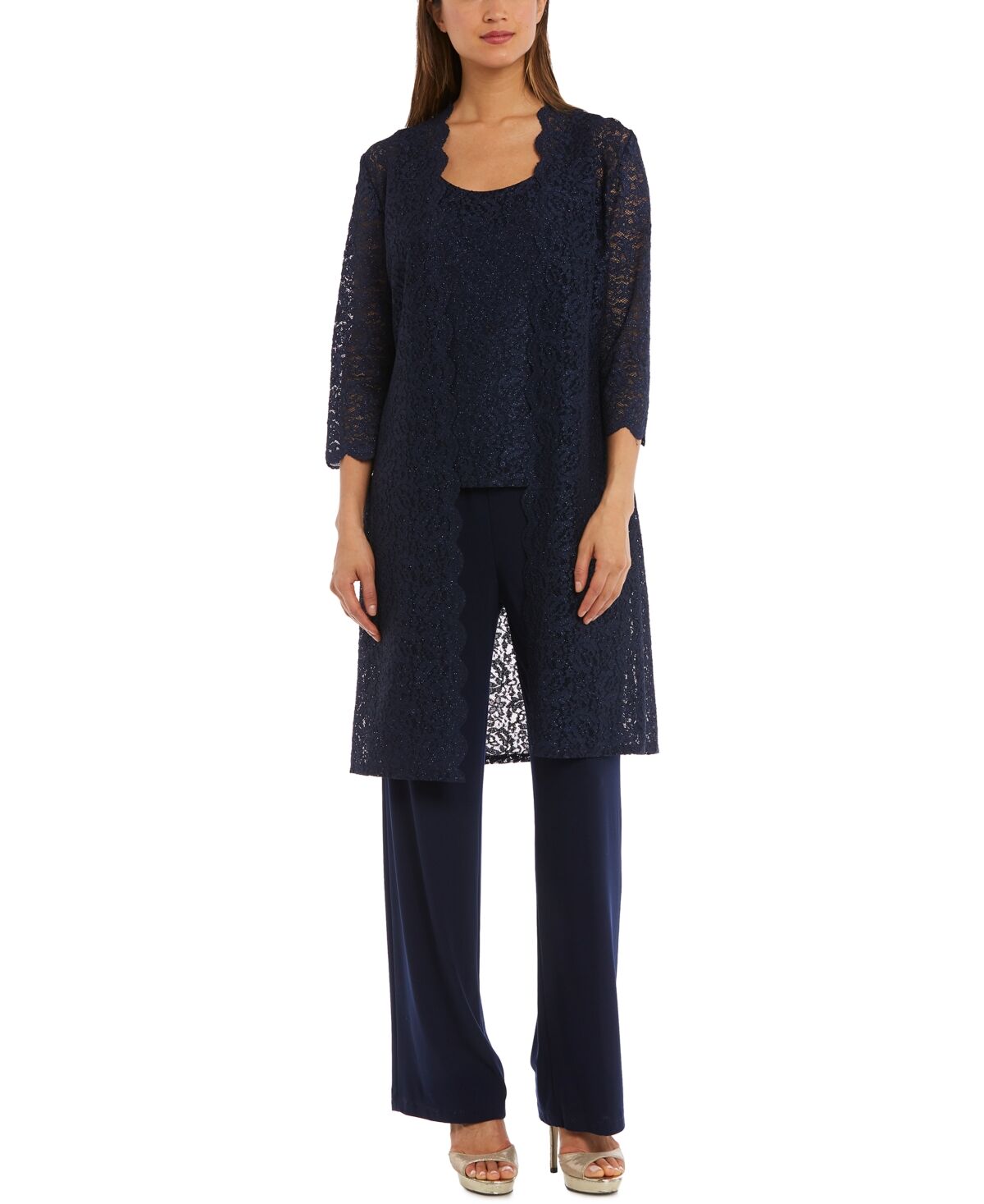 R & M Richards Petite 3-Pc. Sequined-Lace Jacket, Top & Pants - Navy