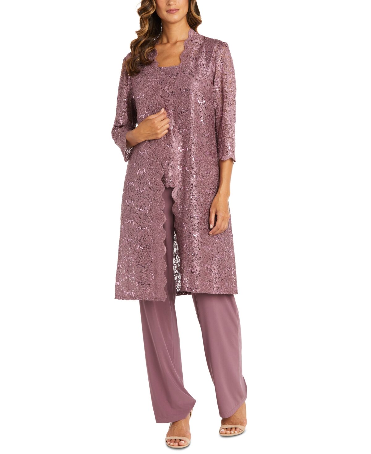 R & M Richards Petite 3-Pc. Sequined-Lace Jacket, Top & Pants - Dark Rose