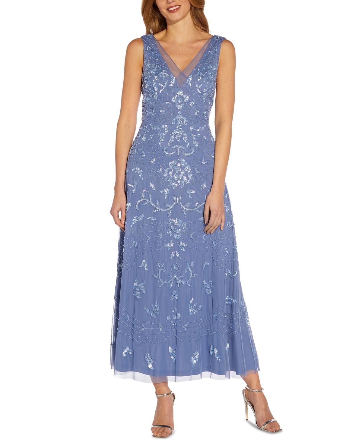 Adrianna Papell Women's Beaded V-Neck Party Dress - French Blue