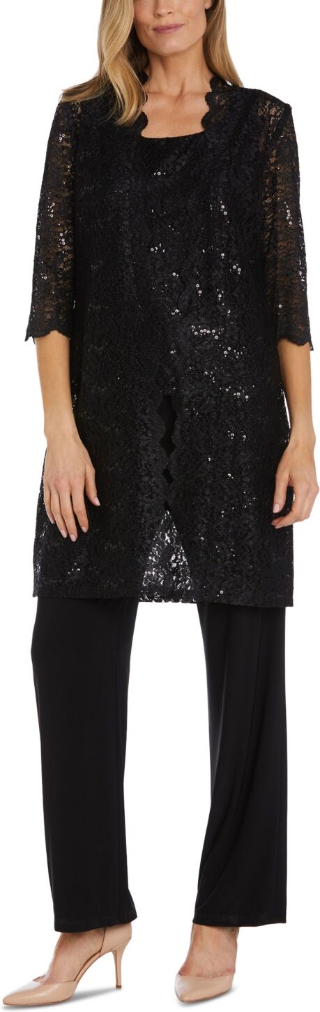 R & M Richards Petite 3-Pc. Sequined-Lace Jacket, Top & Pants - Black