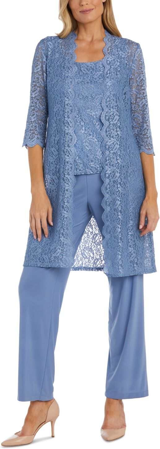 R & M Richards Petite 3-Pc. Sequined-Lace Jacket, Top & Pants - Dusty Blue