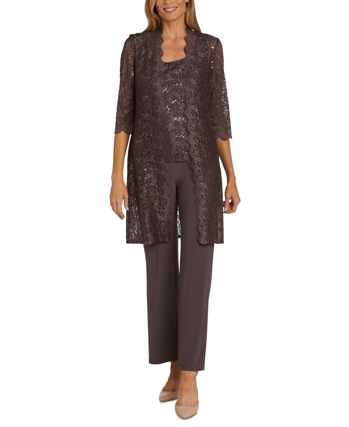 R & M Richards Petite 3-Pc. Sequined-Lace Jacket, Top & Pants - Fig