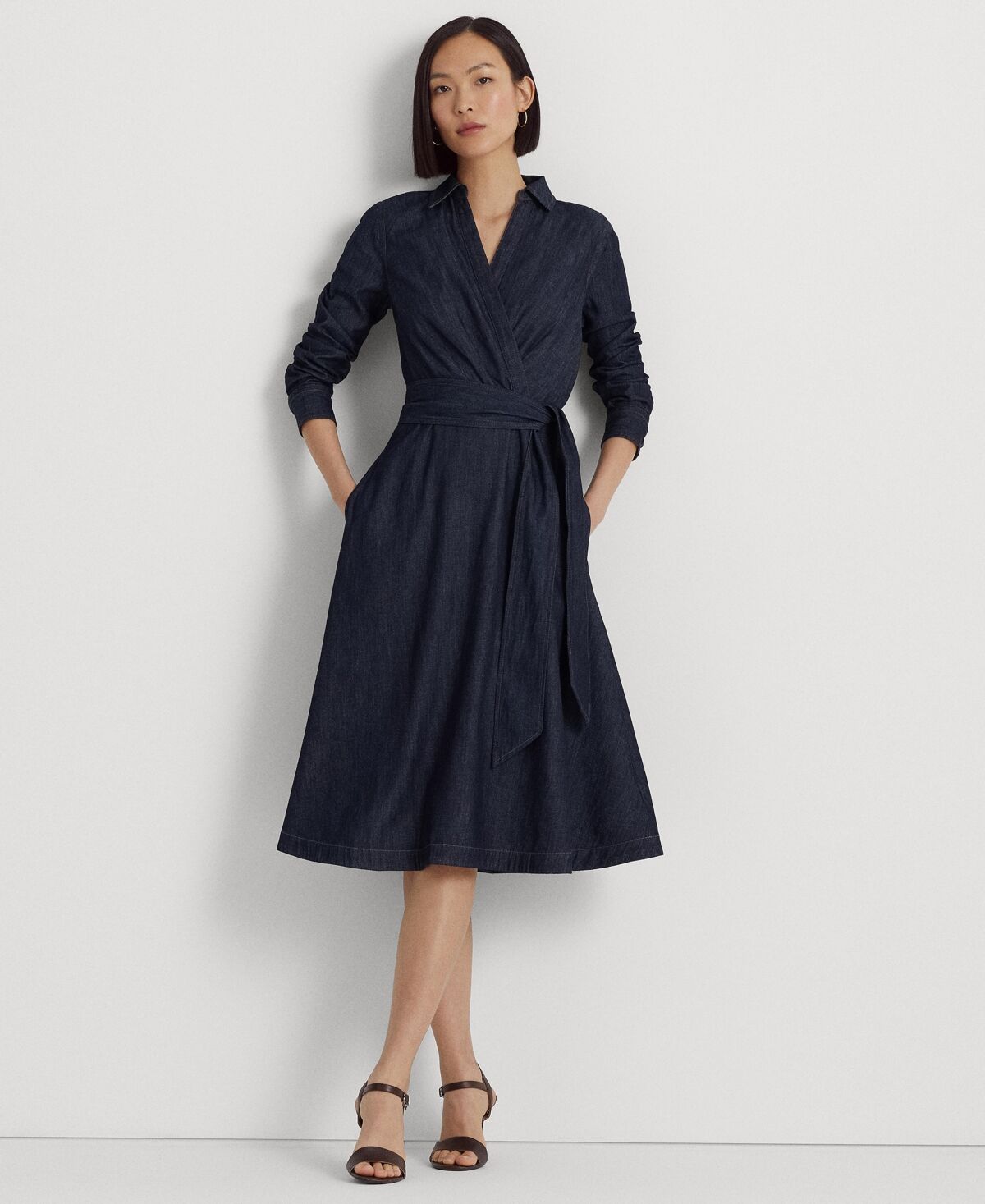 Ralph Lauren Lauren Ralph Lauren Women's Self-Belt Long-Sleeve Surplice Georgette Midi Dress - Dark Rinse Wash