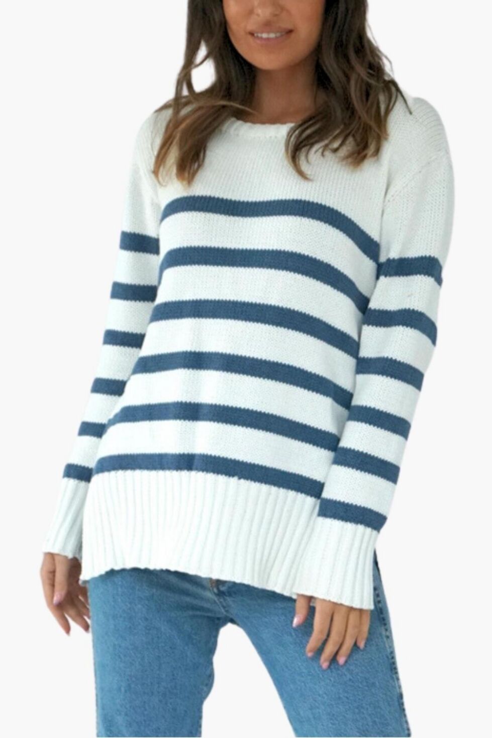 Paneros Clothing Women's Cotton Jodi Stripe Tunic Sweater - Indigo stripe