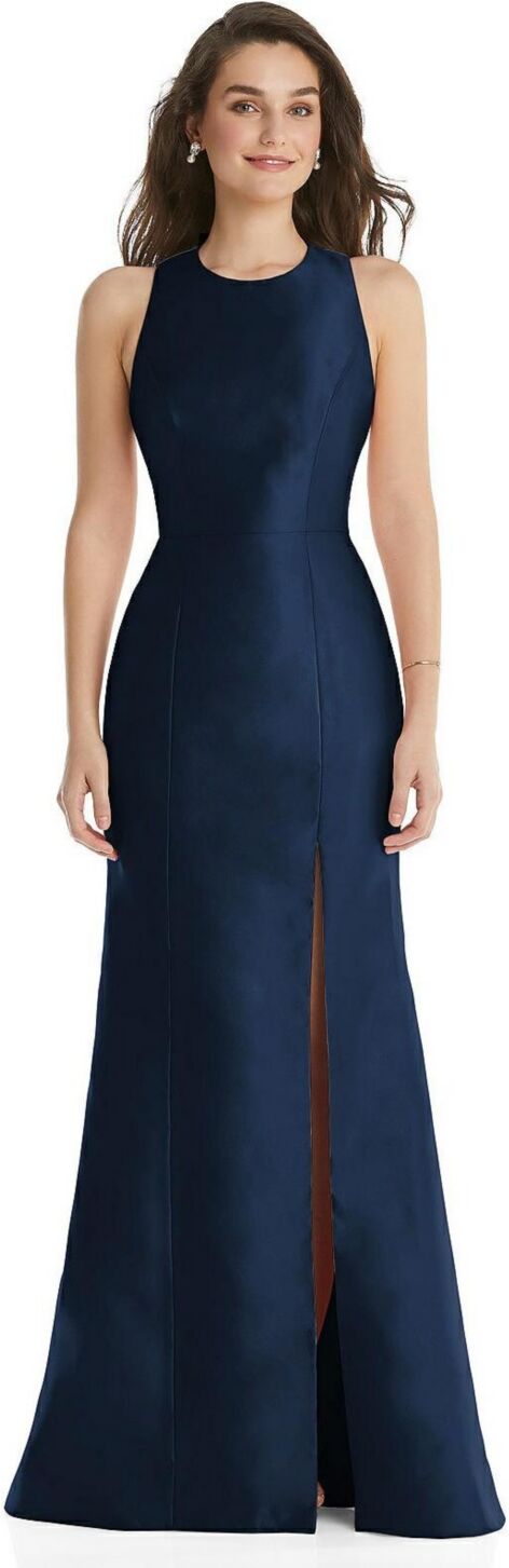 Alfred Sung Womens Jewel Neck Bowed Open-Back Trumpet Dress with Front Slit - Midnight navy