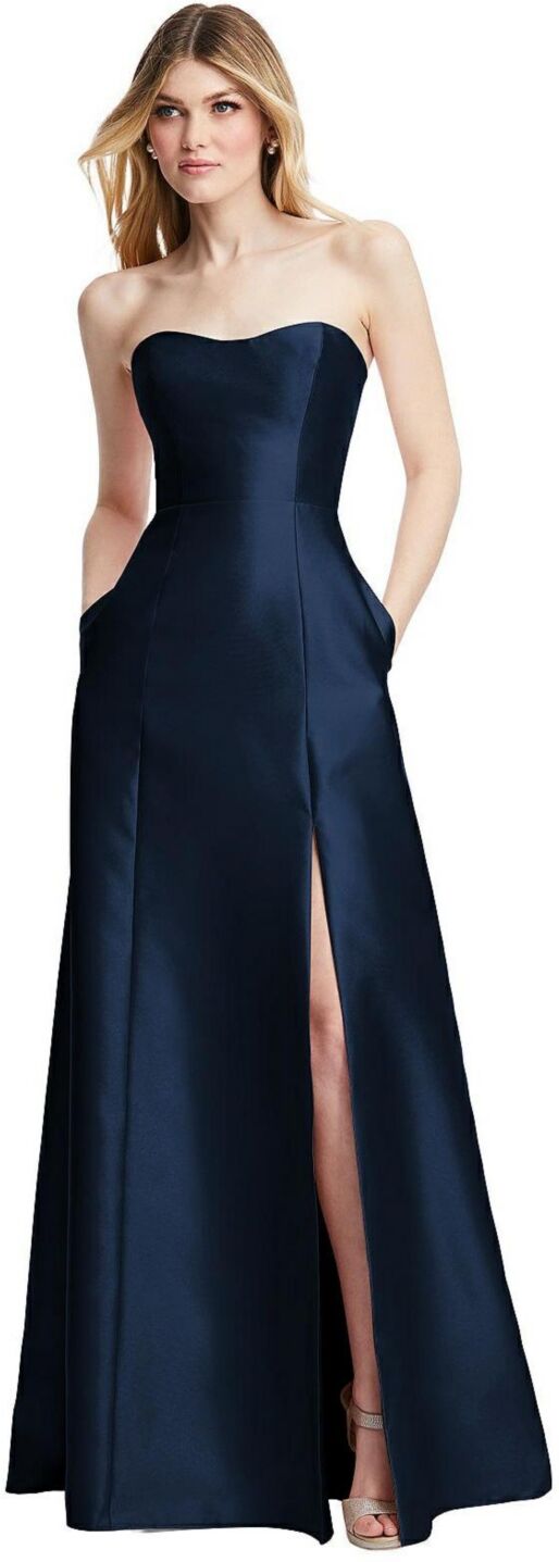 Alfred Sung Womens Strapless A-line Satin Gown with Modern Bow Detail - Midnight navy