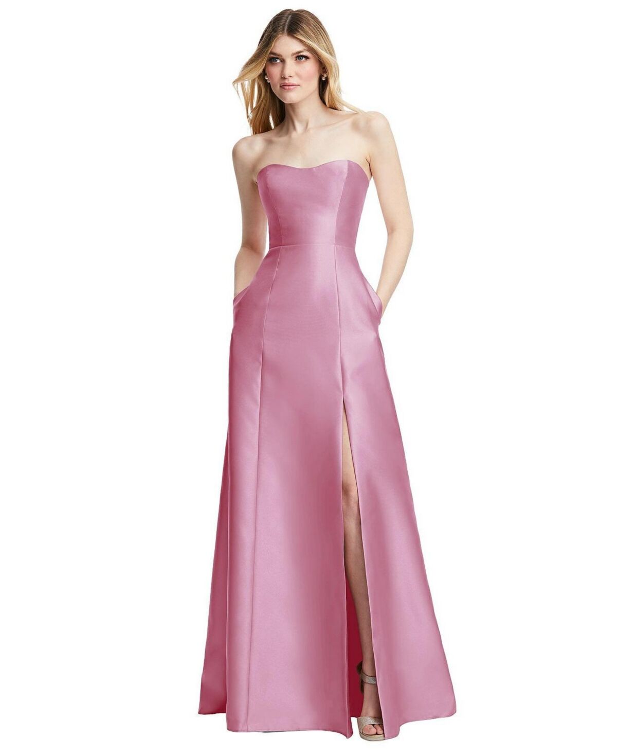 Alfred Sung Womens Strapless A-line Satin Gown with Modern Bow Detail - Powder pink