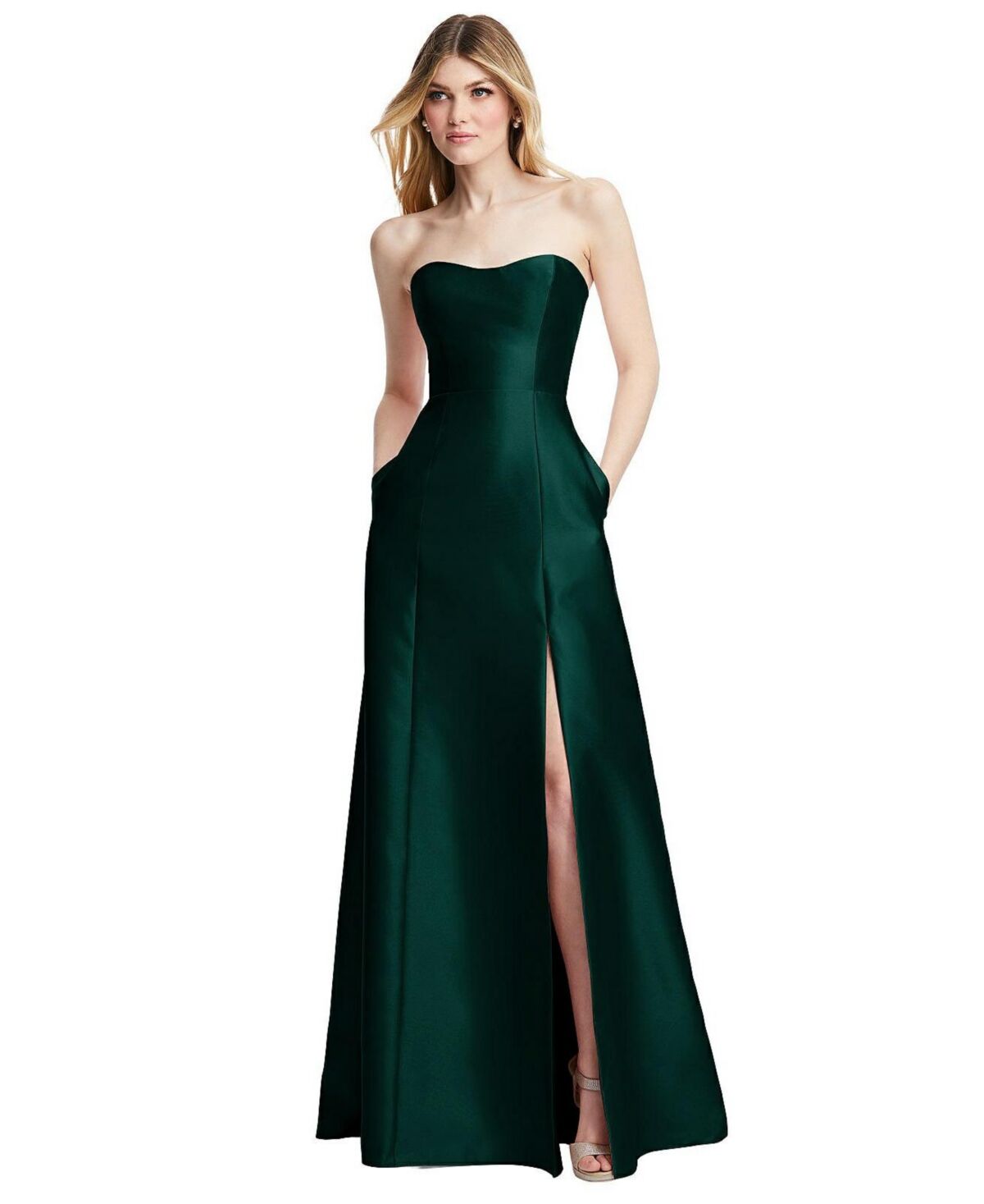 Alfred Sung Womens Strapless A-line Satin Gown with Modern Bow Detail - Evergreen