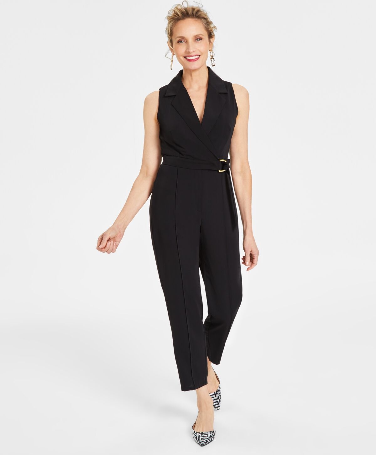 I.n.c. International Concepts Women's Notched Collar Jumpsuit, Created for Macy's - Deep Black