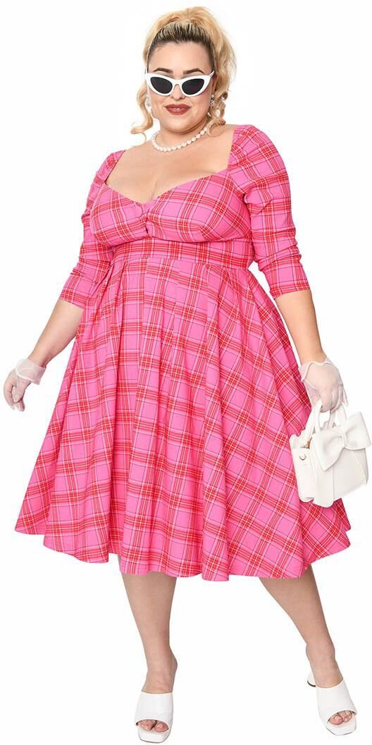 Unique Plus Size Woven Sweetheart Neckline Lamar Swing Dress - Pink/red plaid