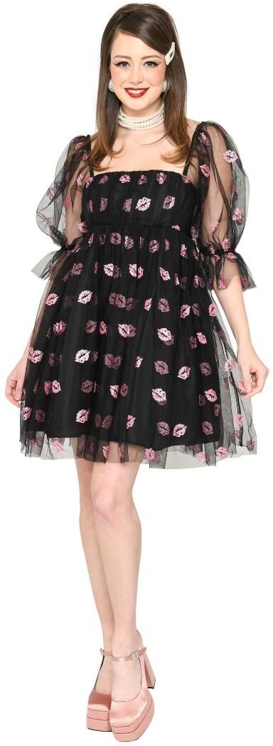 Smak Parlour Puff Sleeve Love Interest Babydoll Dress - Black/pink lips