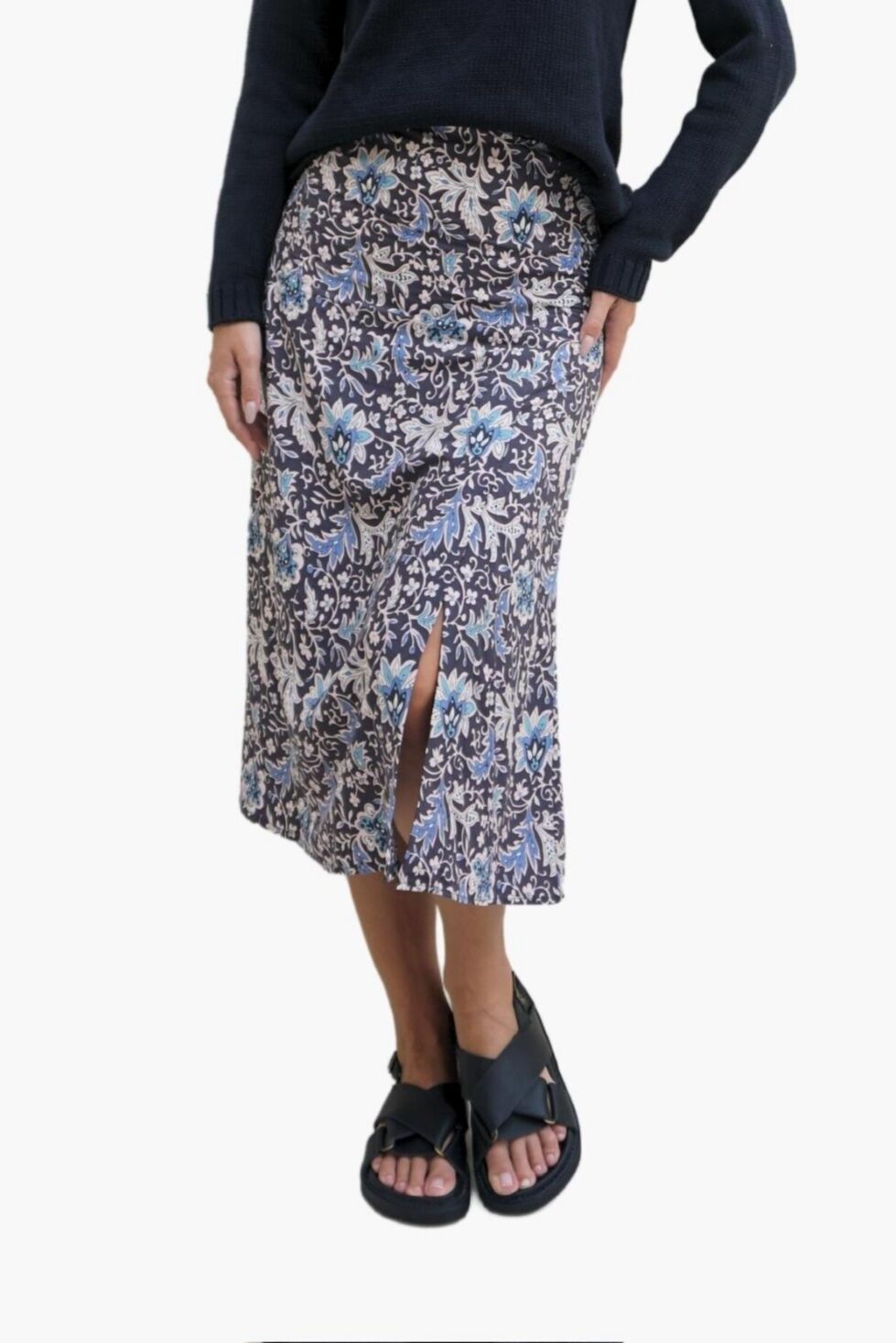 Paneros Clothing Women's Floral Printed Avery Midi Skirt in Navy - Navy floral print