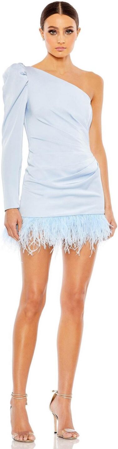 Mac Duggal Women's Ieena Feather Trim One Shoulder Draped Mini Dress - Powder blue