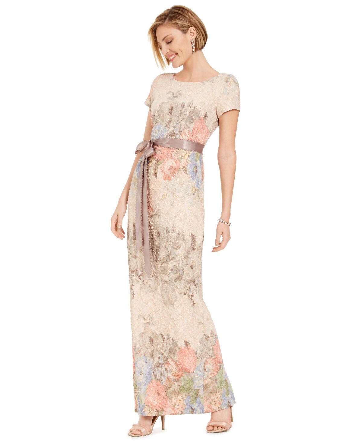 Adrianna Papell Women's Floral-Print Short Sleeve Column Gown - Blush Floral