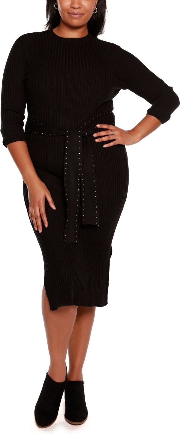 Belldini Black Label Plus Size Sweater Dress with Embellished Waist Tie - Black, Pewter