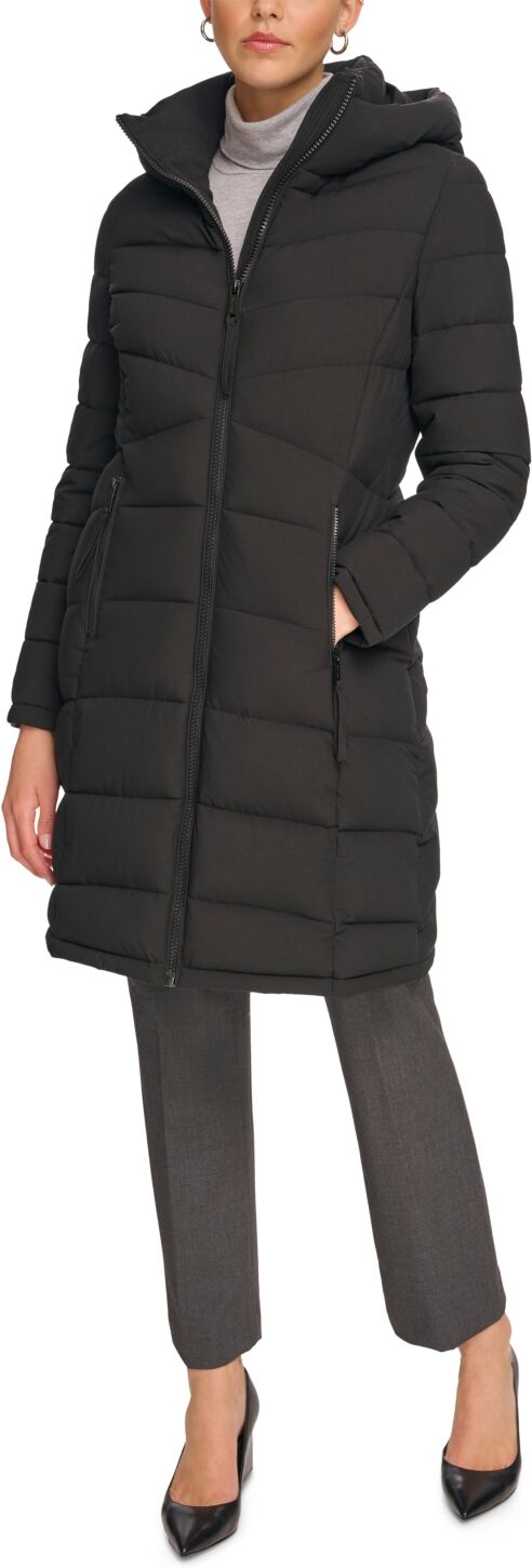 Calvin Klein Women's Hooded Stretch Puffer Coat, Created for Macy's - Black