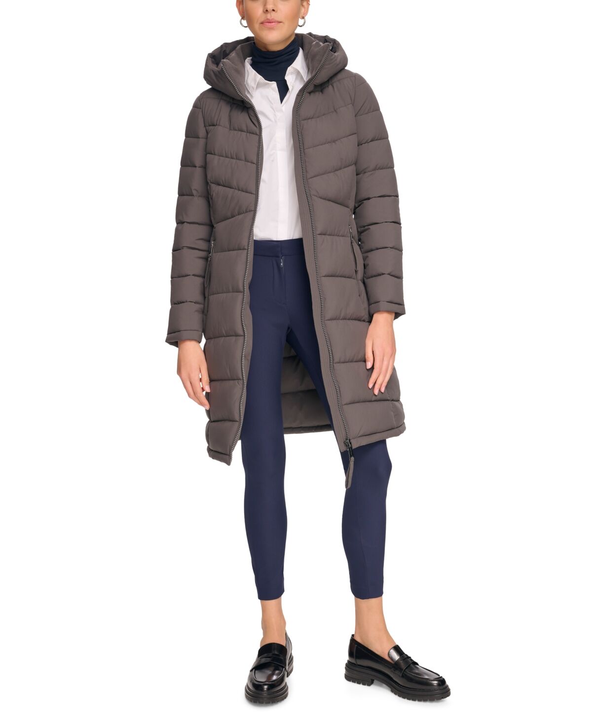 Calvin Klein Women's Hooded Stretch Puffer Coat, Created for Macy's - Titanium