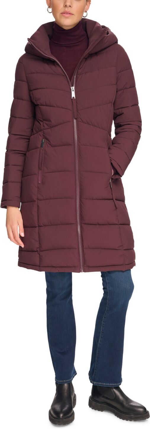 Calvin Klein Women's Hooded Stretch Puffer Coat, Created for Macy's - Dark Chianti