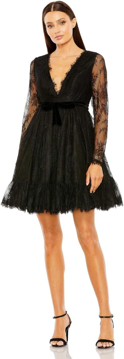 Mac Duggal Women's Ieena Long Sleeve Deep V Lace Babydoll Dress - Black