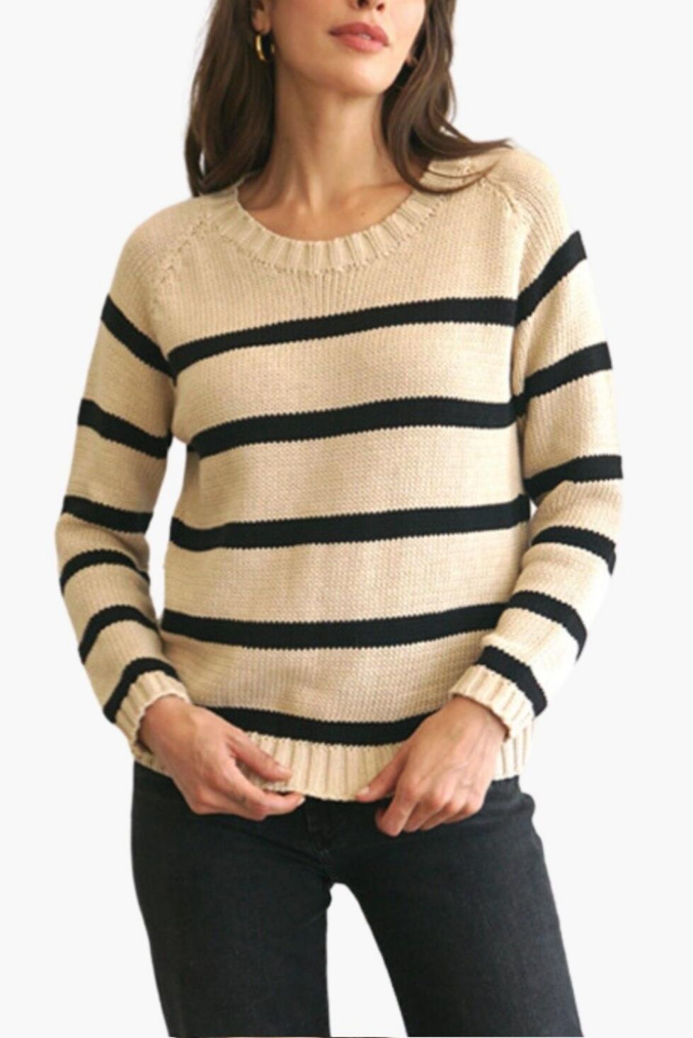 Paneros Clothing Women's Cotton Sloane Crewneck Pullover Sweater - Sand/ black stripe