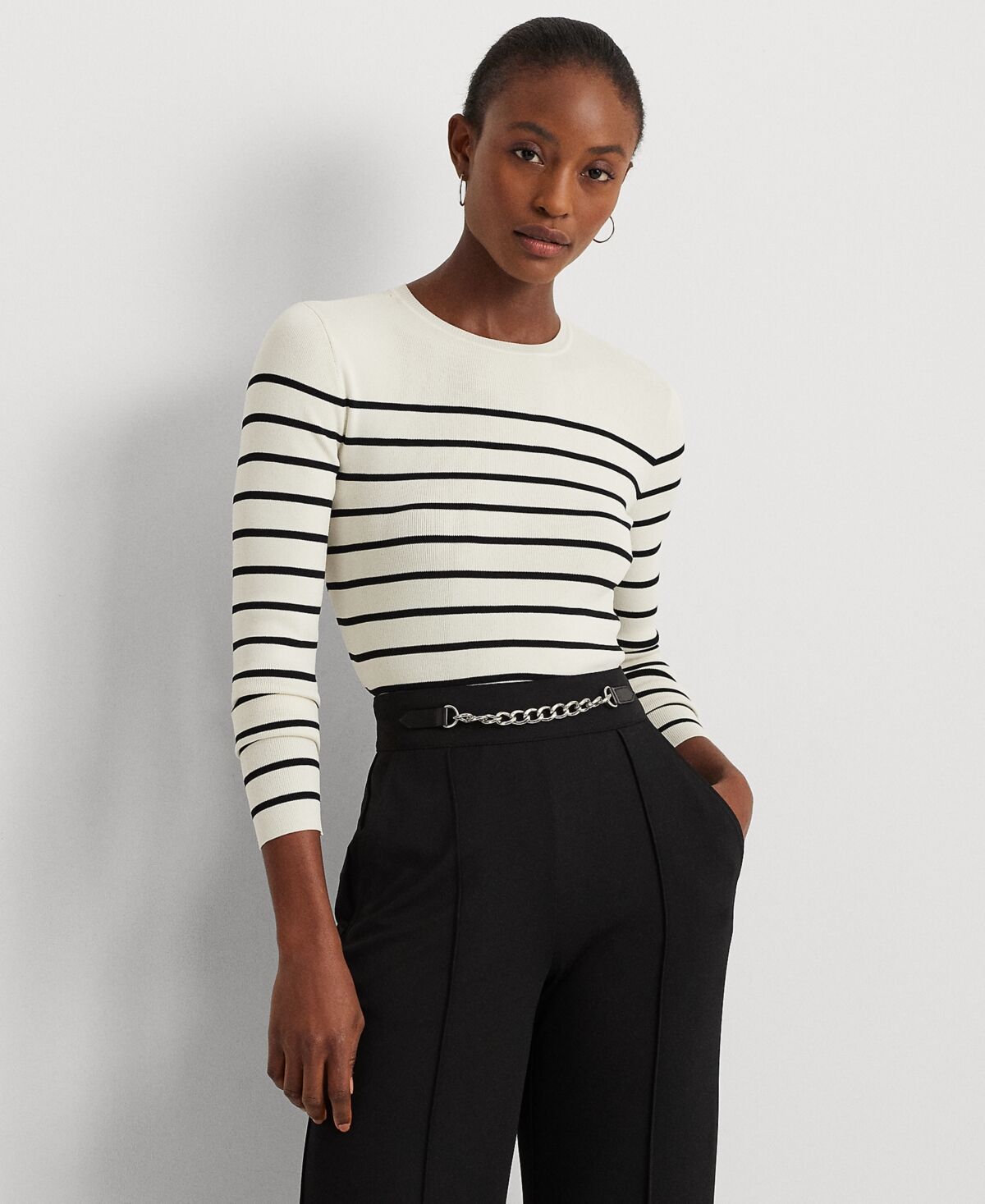 Ralph Lauren Lauren Ralph Lauren Petite Striped Crewneck Sweater - Mascarpone Cream/Black